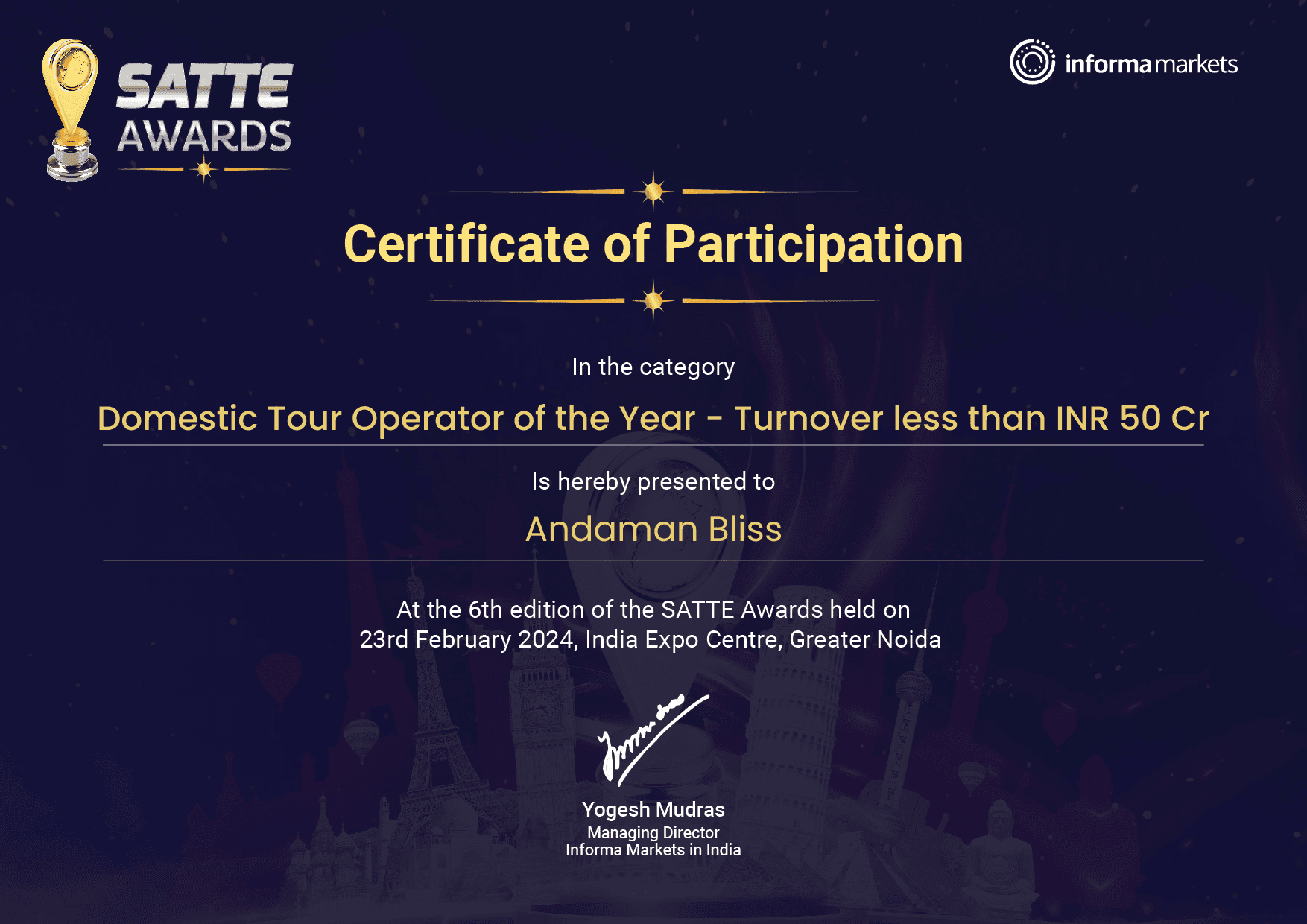 SATTE 2024 certificate awarded to Andaman Bliss