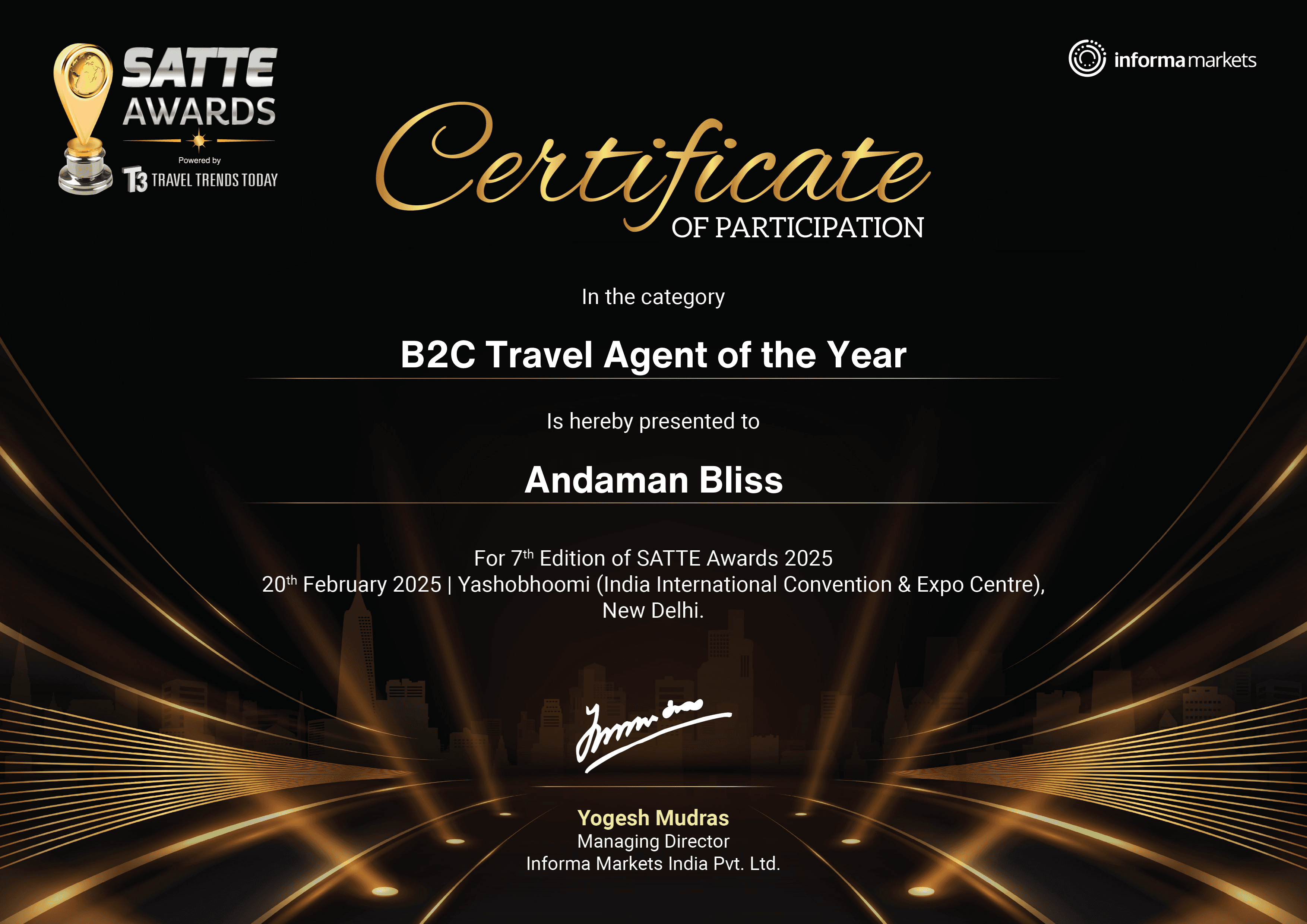 SATTE 2025 certificate awarded to Andaman Bliss